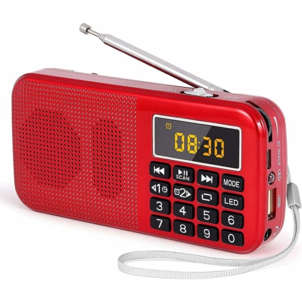 Bærbar radio, FM-radio med oppladbart batteri med stor kapasitet (3000mAh), støtte MP3/SD/USB/AUX, rød