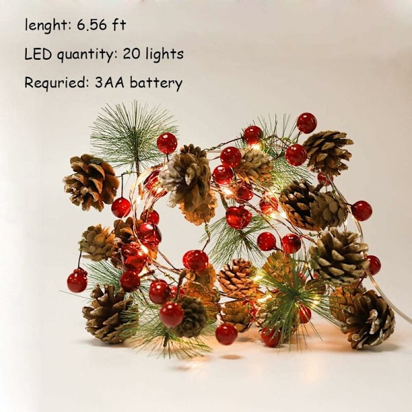 Julsträngljus - 2M 20 LED med Röda Bär, Klockor och Tallkottar - Batteridrivna Kopparsträngljus för Inomhus/Utomhus, Semester, Fest