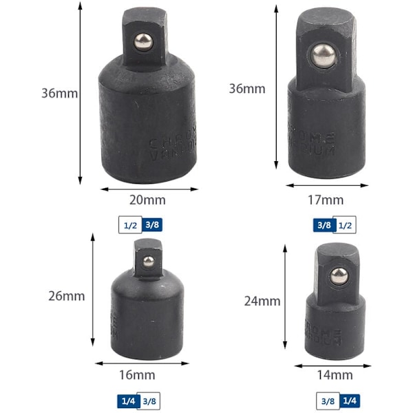 4 kpl Hylsyruuvi-muunninsetti, 1/2\", 3/8\", 1/4\" Hylsyavaimen sovittimet