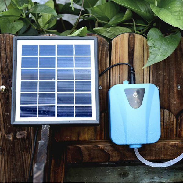 Solcelledrevet pumpe Sol/DC-strømopladning iltgenerator Vand iltpumpe Damlufter med 1 luftsten Akvarie iltpumpe 2L/min, Sølv - Sølv, Sunny
