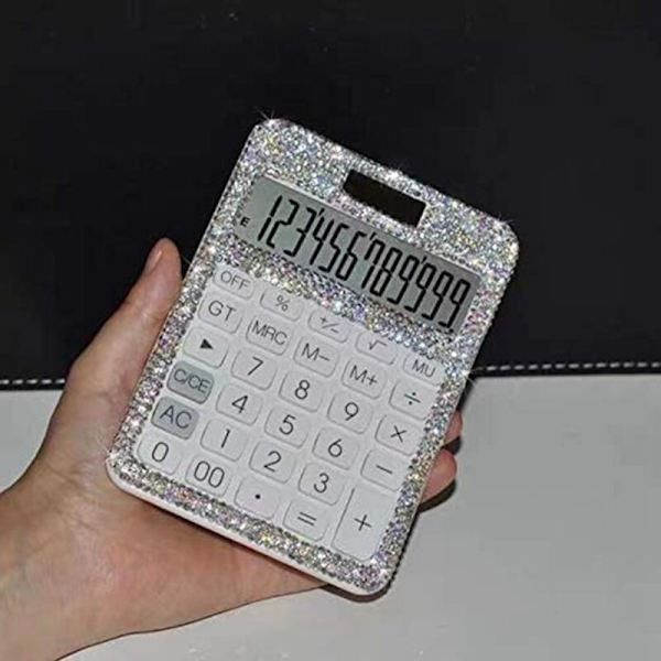 Blændende krystalrhinestone 12 cifre sol og batteri dobbelt strømforsyning, LCD-display lommeregner til kontor, skole hvid