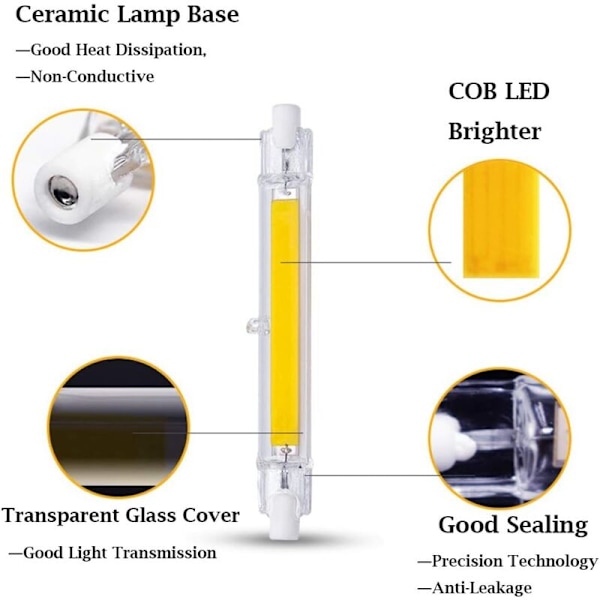 10W R7s LED Pære 118mm COB Filament Kold Hvid 6000K 220V Dobbelt J118 Sokkel LED Lineær Rørpære 360 Grader IKKE-Dæmpbar, 2-pak [Energiklasse F]