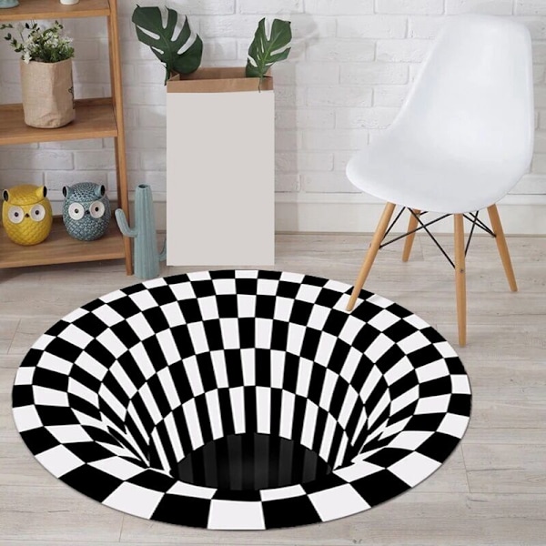 Illusion Mattan Fångar Effekten 3D Hål Botten Rund Mattan Svart Vit Rutnät Sovrum Rum Halkfri Golvmatta-C