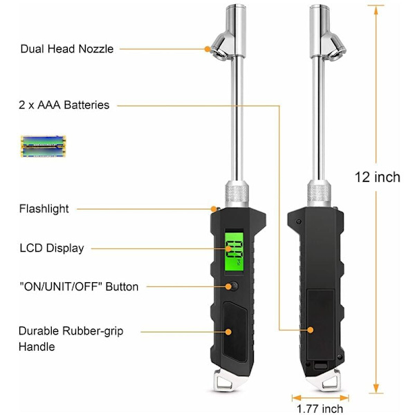 Belysning Heavy Duty Truck Dæk Trykmåler med LCD Display Dual Head Digital Dæk Trykmåler