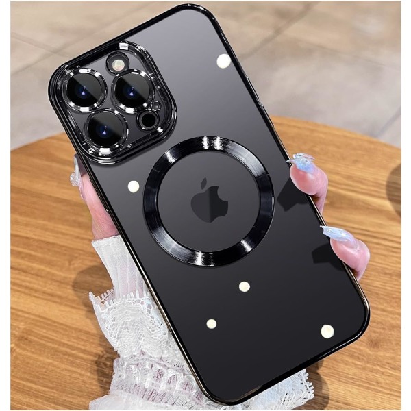 Magnetiskt glansigt Titanium iPhone 15 Pro Max case med fullt kameraskydd för smala kvinnor, flickor, case (6,7") Svart