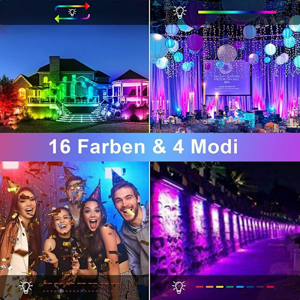 4 kpl himmennettäviä ulkotilojen RGB LED-valokeiloja, IP66 vedenkestävä kaukosäätimellä, 16 väriä, 4 valaistustilaa ulko- ja sisätiloihin (50W)