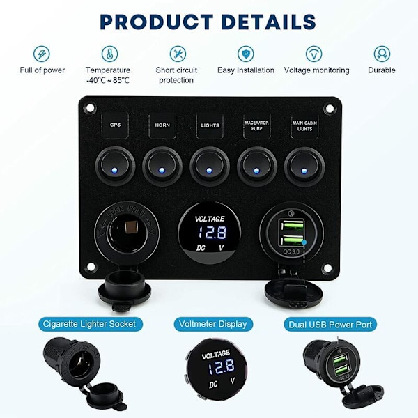 5-vägs Rockerbrytarpanel Rockerbrytarpanel Elpanel Båt Bil Vattentät Dubbel USB DC 12V/24V LED Lastbil Trailer Marinfordon SUV Husbil