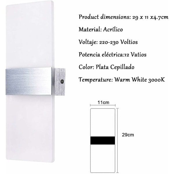 Indendørs væglampe LED 12W Glasvæglampe Enkel Design Børstet Grå til Soveværelse Stue Badeværelse 29CM [Energiklasse A+]