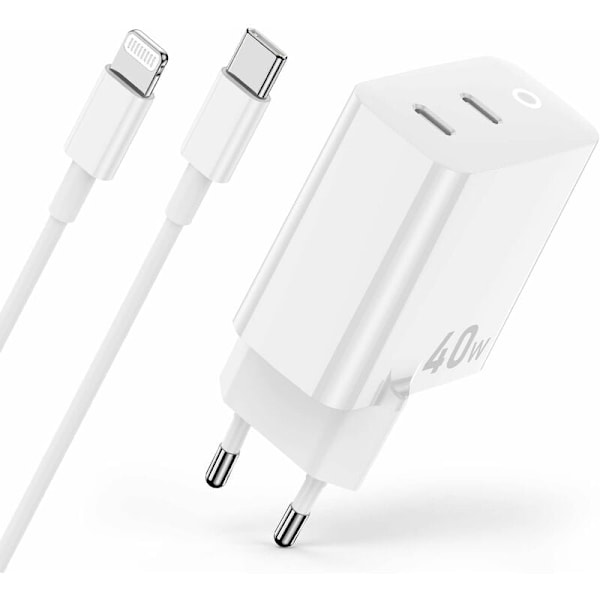 40W iPhone-lader 14 13 12 11, Apple MFi-sertifisert 2-ports 20W USB-C strømadapterlader Rask plugg med 2m iPhone Lightning-kabel for iPhone 14/1