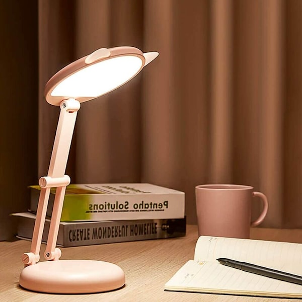 Skrivebordslampe for barn jente, liten rosa LED-ringlys for hjemmekontor, bærbar sammenleggbar skrivebordslampe med USB-lading 4800 MAh