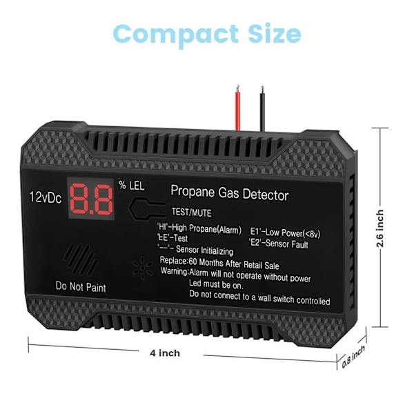 12V Propangasdetektor Naturlig Gassensor Lækagealarm 85DB Sirene til Bil Campingvogn Hjem Digital Propantester (Sort)