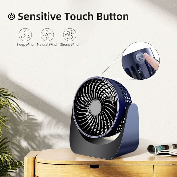 USB-tuuletin, Pieni tuuletin, 360° Kierto Kannettava Mini Hiljainen USB-tuuletin, 3 Nopeutta Työpöytätuuletin 1,5M USB-kaapelilla Toimistoon/Autoon/Matkalle/Leirintäalueelle (Tummansininen)