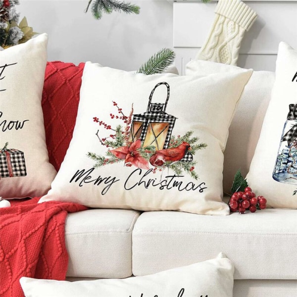 Jul kuddfodral 18X18 Set om 8, Rutig snögubbe träd kuddfodral dekoration för soffa säng