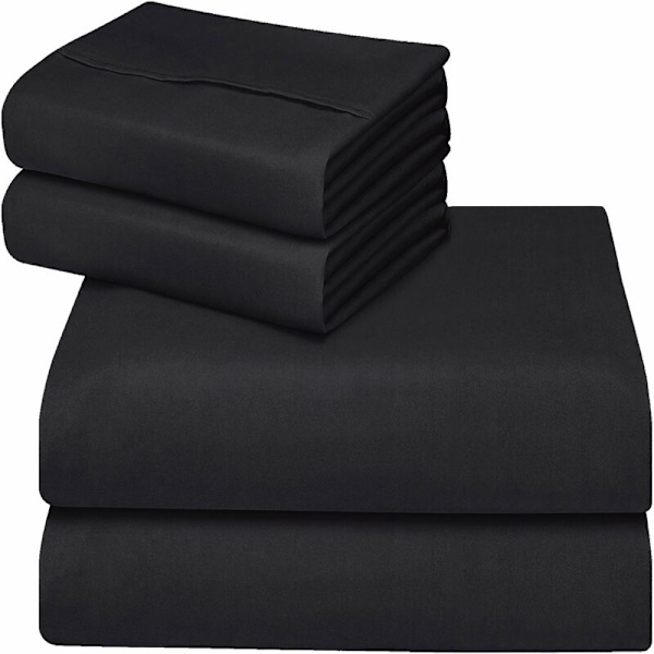 Polyesterimikrokuituvuodevaatesetti (4 osaa, musta) - 1 fitted-lakan 150x200cm, 1 tasainen lakan 266x259cm ja 2 tyynyliinaa 50x75cm