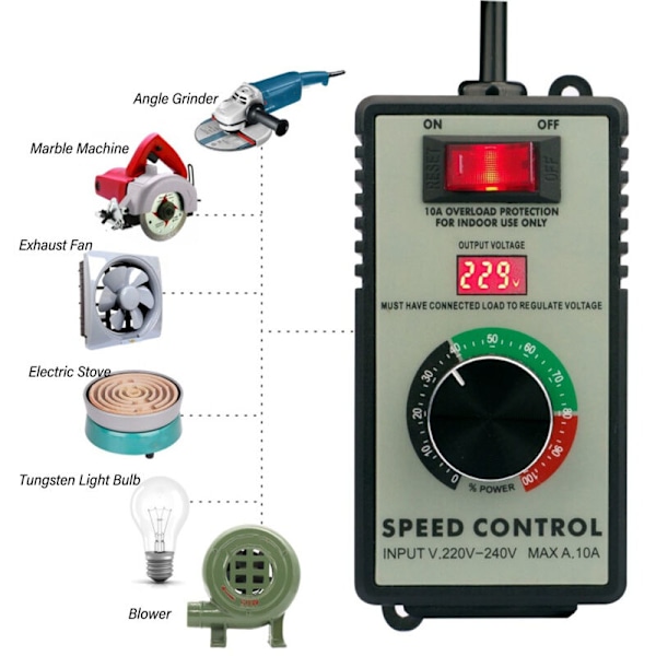 AC Motor Hastighetsregulator, Elektrisk Vifte Variabel Hastighetsregulator, med 10A Universal Sokkel, EU-Plugg, AC220 til 240V 4000W