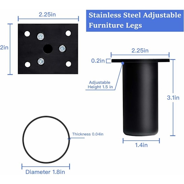 Kalustejalat, Ruostumattomasta Teräksestä Valmistetut Työpöydän Jalat, Säädettävät Paksummat Vaihtometallijalat Keittiöpöydälle, Tuolille, Sovalle (8cm, Musta)