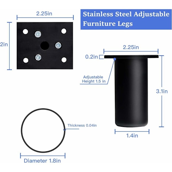 Møbelben, Rustfrit Stål Bordben, Justerbare Tykke Metalben til Køkkenbord, Stol, Sofa (8cm, Sort)