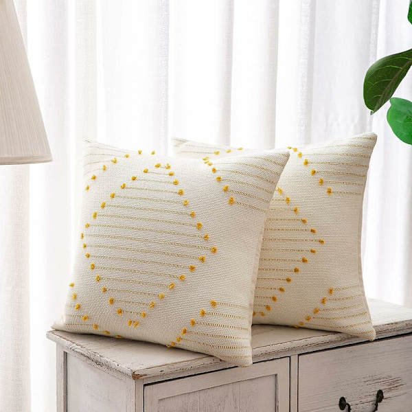 Set med 2 kuddfodral 45x45cm, bohemisk dekorativ kudde modern vävd fyrkantig örngott för soffa sovrum vardagsrum, gul och vit