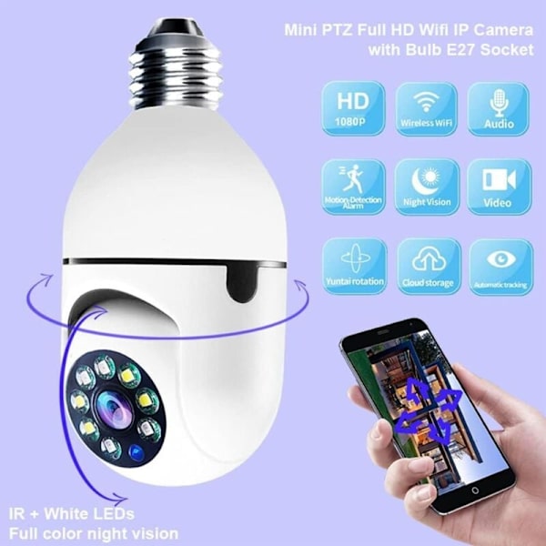 E27-glödlampa kamera, 1080P trådlös PTZ-säkerhetskamera med E27-glödlampsanslutning, 360 graders panorama, automatisk rörelsespårning, nattseende, tvåvägsljud