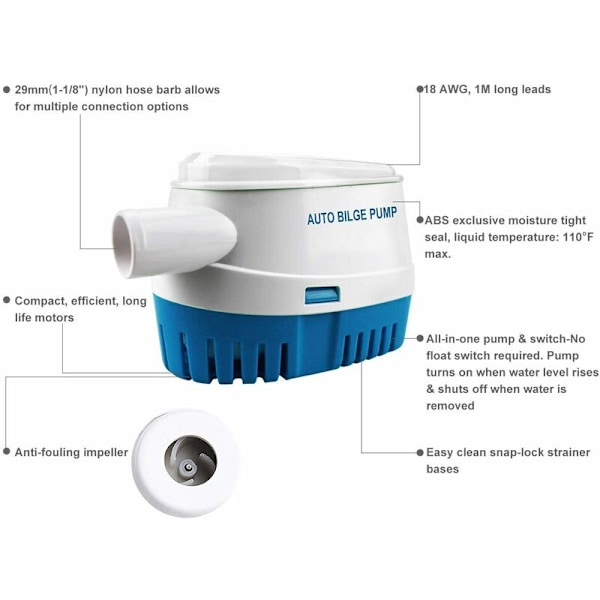 12V 1100GPH/ 70LPM Automatisk Länspump med Flytströmbrytare