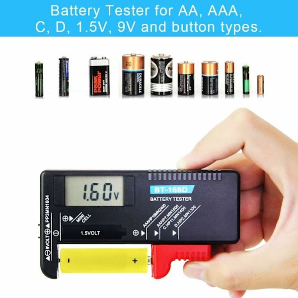 Digital Batteritest Batterichecker Volt Checker Universal Batteritest Til AA, AAA, C, D, 9V, 1,5V, Ingen Behov For Strøm Fra Batteri