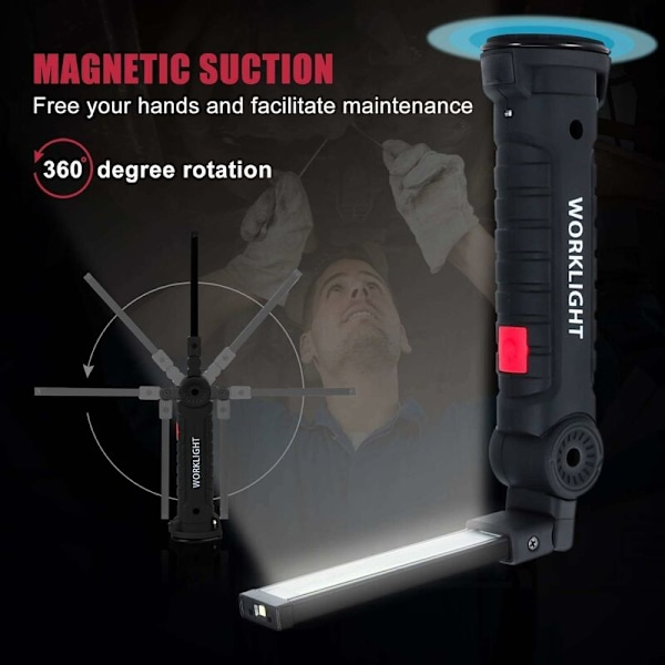 Genopladelig LED Arbejdslampe, LED 800LM Waller Lommelygte, Genopladelig LED Værkstedslampe, Inspektionslampe, Lommelygte Magnetisk Base 5 Tilstande til Garage