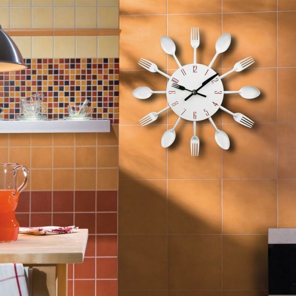 Køkkenvægur, 3D aftageligt moderne kreativt køkkenbestik ske gaffel vægur spejl vægklistermærke boligindretning (hvid)