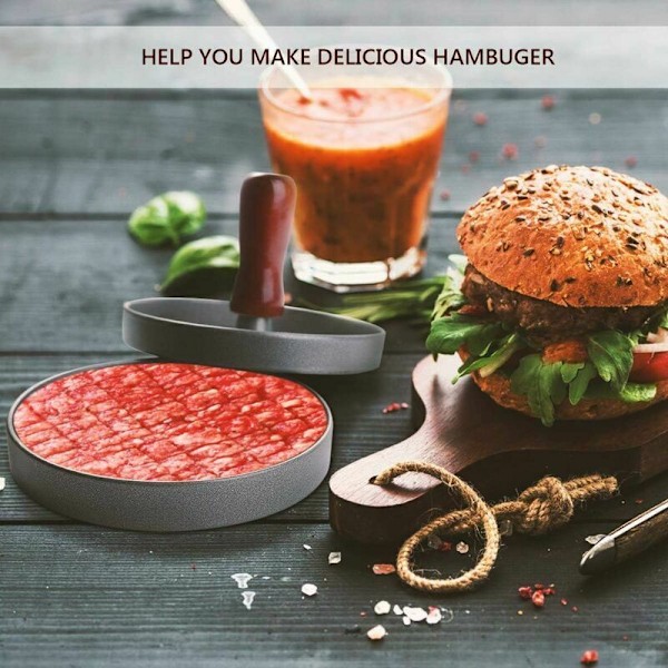 Hamburgerpresse, Kødkværn Køkken Hamburgerpresse, Træhåndtag, Non-Stick Aluminium Hamburgerpresse til bøf, Hamburger Frikadeller (12 cm i diameter
