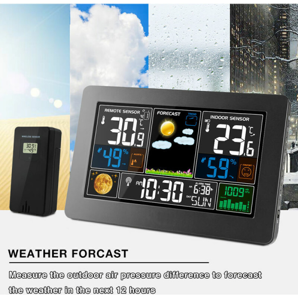 Termometer Väderstation Digital Vägg Bordsurväckarklocka Inomhus Utomhus Temperatur Luftfuktighet Barometer Trådlös Fjärrsensor Svart