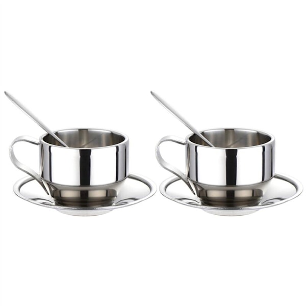 Isolerad kaffekopp set - Dubbelväggiga rostfria espressokoppar Latte Cappuccino Tekopp med fat och sked 125Ml (Set om 2)