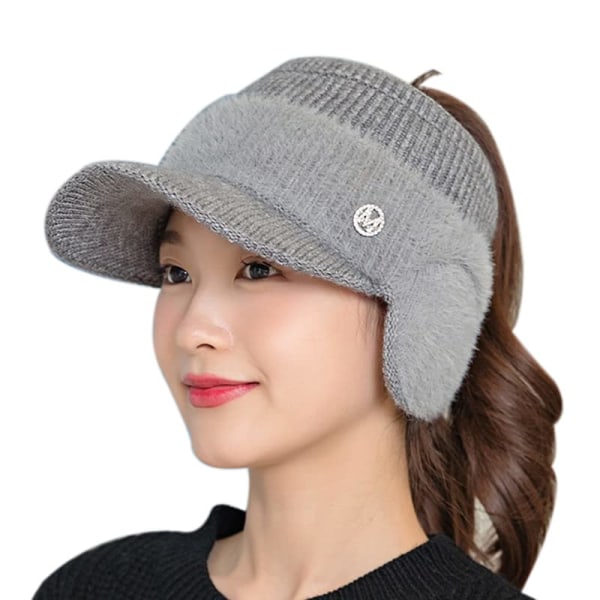Talvisuojat naisten neulottu kärkihattu talvilämmin kuulosuojaimilla cap ulkoilu tuulenpitävä hattu (harmaa)