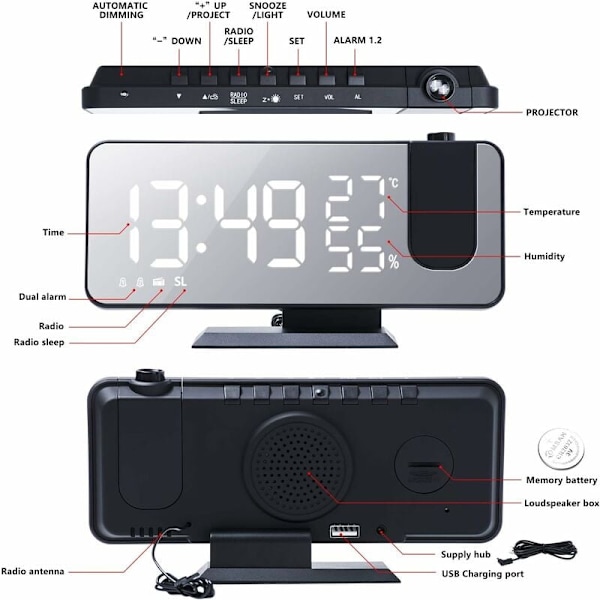 Projektionsväckarklocka för sovrum 7,4'' Stor LED-spegelskärm och 4-stegs dimmerväckarklocka med radio, 180° roterbar USB-laddning, 2 ljud, svart-vit