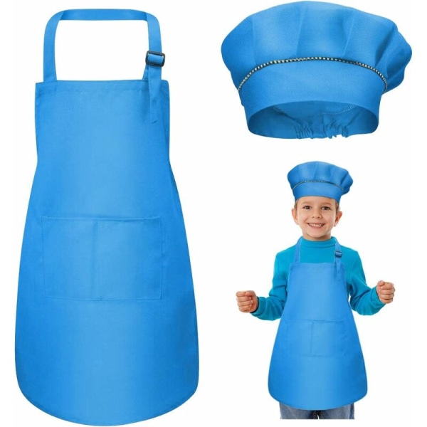 Barneforkle og kokkehattsett, justerbare kjøkkenforklær med 2 lommer for jenter gutter, småbarnshage kokkeforkle for baking maling håndverk (7-13 år)
