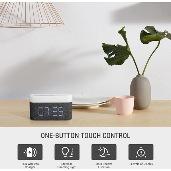 Digital vækkeur med LED-lys 15W Max Ladningsfri Touch-natlampe Justerbar lysstyrke 5-100%