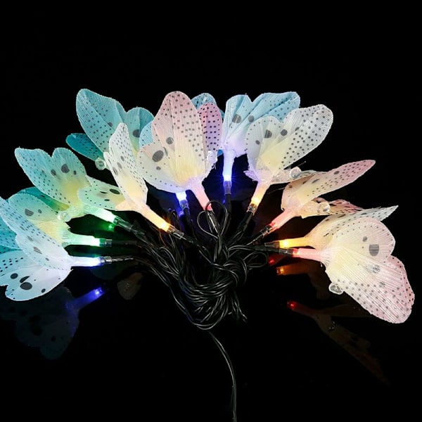 Solcelledrevet lyskæde til udendørs brug, 12 LED flerfarvede sommerfuglelys, vandtæt, 2 tilstande, udendørs havedekoration, fiberoptiske sommerfuglelys