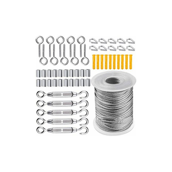Wire Rope Kit, Have Tensioner til Have, Rustfrit Stål Ropeophængningssæt, 50m Nylonbelagt Rustfrit Ståltov til Tøjstativ Teltov, 56 Dele