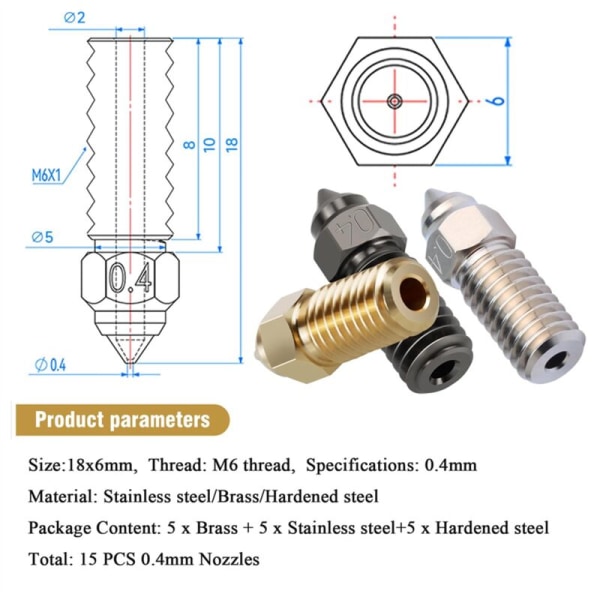 15 Dyse Kit til Neptune Serie 4, 3D-printerdele Hærdet/Rustfrit stål/Messing 0,4 mm Dyse Kit