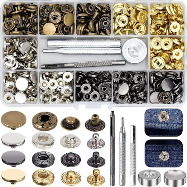 120 stk Metall Trykknapper 4 Farger Lær Trykknapp Klær Kobber Trykknapp med 4 stk Festverktøy for Klær Lær Håndverk (12mm)