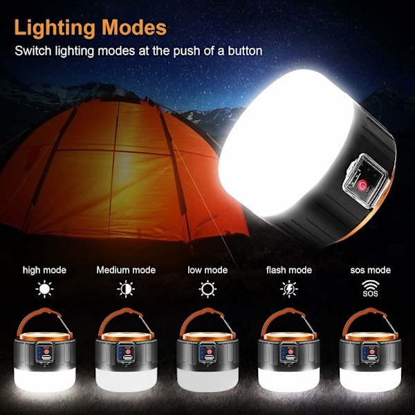 Laddningsbar LED Campinglykta, 1000LM Solcellsdriven Campinglampa, Bärbar Fjärrkontroll Campinglampor för Tält, 5 Lägen, Camping, Fiske, H
