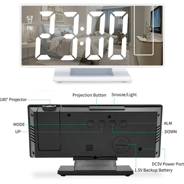 Digital väckarklocka, projektionsväckarklocka för tunga sömnare, digital klocka för sovrum med stor LED-display, 12/24H, USB-laddningsport, snooze