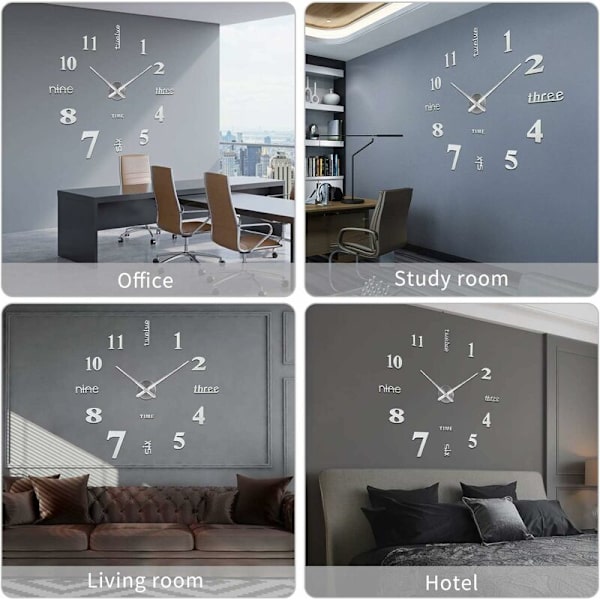 3D Vægur, DIY Digital Vægur, Lydløs Bevægelse, Moderne Design Vægur, Stort Vægur til Soveværelse Køkken Stue (60-120 cm), Sølv
