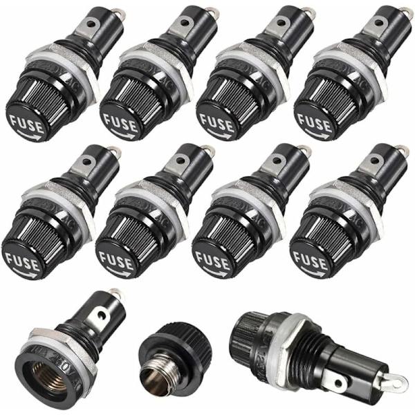 10 stk. 5 x 20 mm sikringsholder AC 10A 250V sort skruehætte sikringsholder, panelmonteret skruehætte sikringsholder