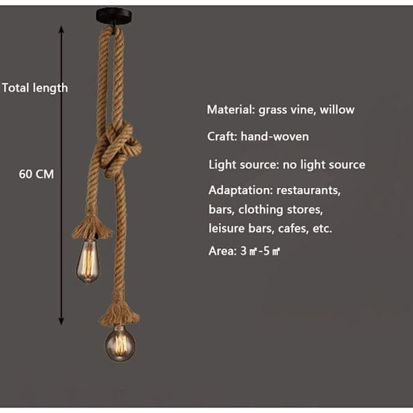Hengende lysarmatur Kandelaber Hemp Tau Industriell Taklampe for Hjem Stue Balkong Restaurant (120CM)
