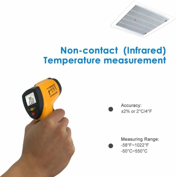 Infrapunamittauslaite, kosketukseton laserinfrapunamittauslaite välillä -50 °C - 550 °C, taustavalaistu LCD-näyttö (ei ihmisille)