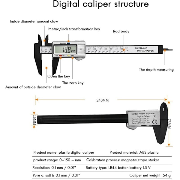Digital Skydelære Vernier Skydelære Elektronisk Plastik Måleinstrument Mikrometer Dybdemåler Måleværktøjer(B)