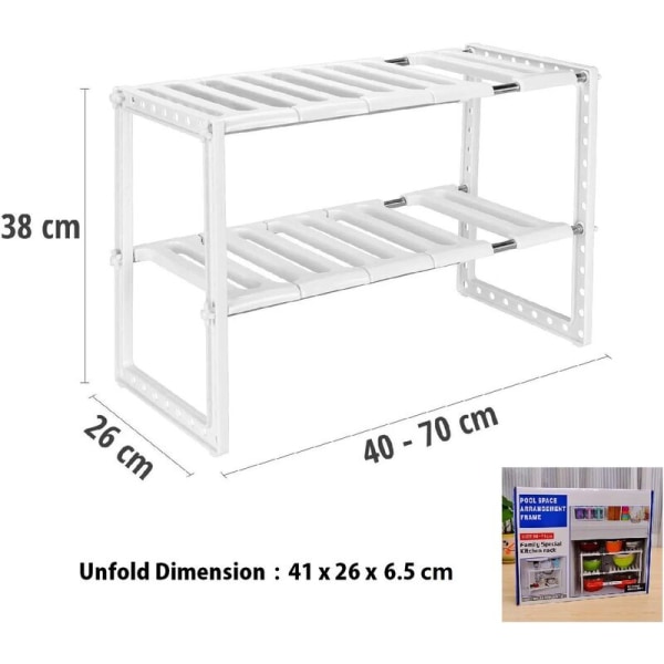 Tiskialtaan alla oleva säilytyshylly Laajennettava telinejärjestäjä keittiöön Kylpyhuone Makuuhuone Olohuone Säädettävä pituus 38-70cm, Kantavuus 14kg (Valkoinen)