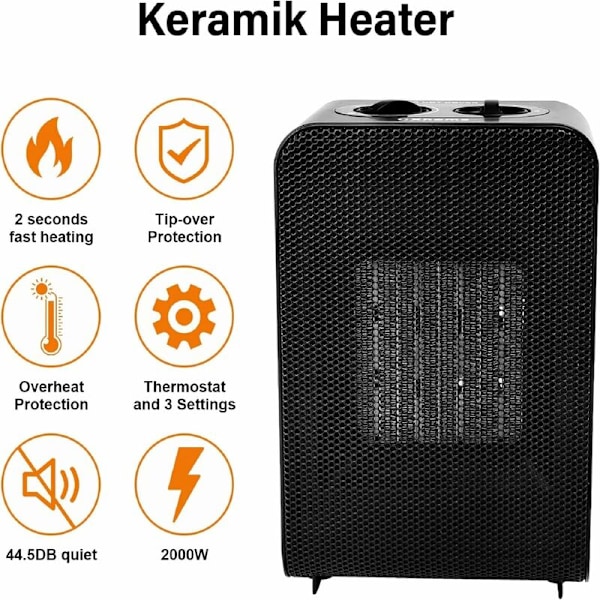 Mini Energibesparende Keramisk Blæserovn med 2s Hurtig Opvarmning, Tip-over og Overophedningsbeskyttelse, 3 Tilstande, til Badeværelse, Kontor, Stue