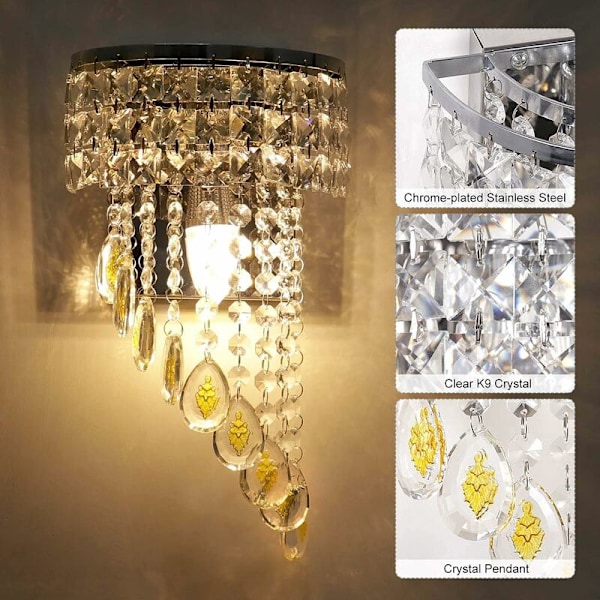 Modern Kristallvägglampa K9 Inredningsvägglampa Kristall Kromfinish Rostfritt Stål Lampbas E14 för Sovrum Vardagsrum Trapp Flickrum