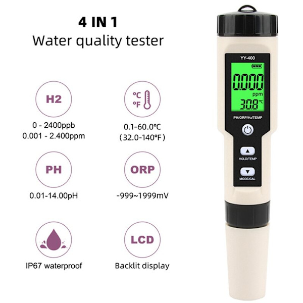 Ny Yy-400 Hydrogen Ion Koncentration Kvalitetstest Pen Ph/ORP/H2 og Tem 4 i 1 Digital Drikkemeter