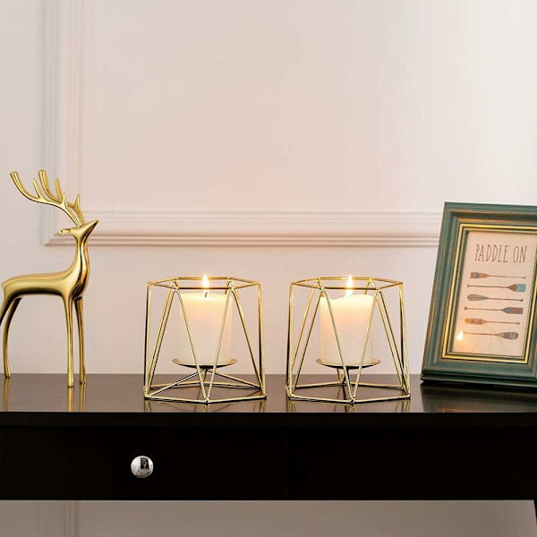 2 stk. Gullmetall Pillar Lysestaker, Geometriske Tealight Holdere, Bryllups Senterstykker, Kaffebord for Hjemmedekorasjon, Seremoni og Fødsel